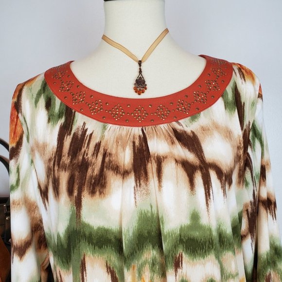 Alfred Dunner Fall Colors 3/4 Sleeve Pullover Watercolor Top With Studding S - Picture 2 of 7